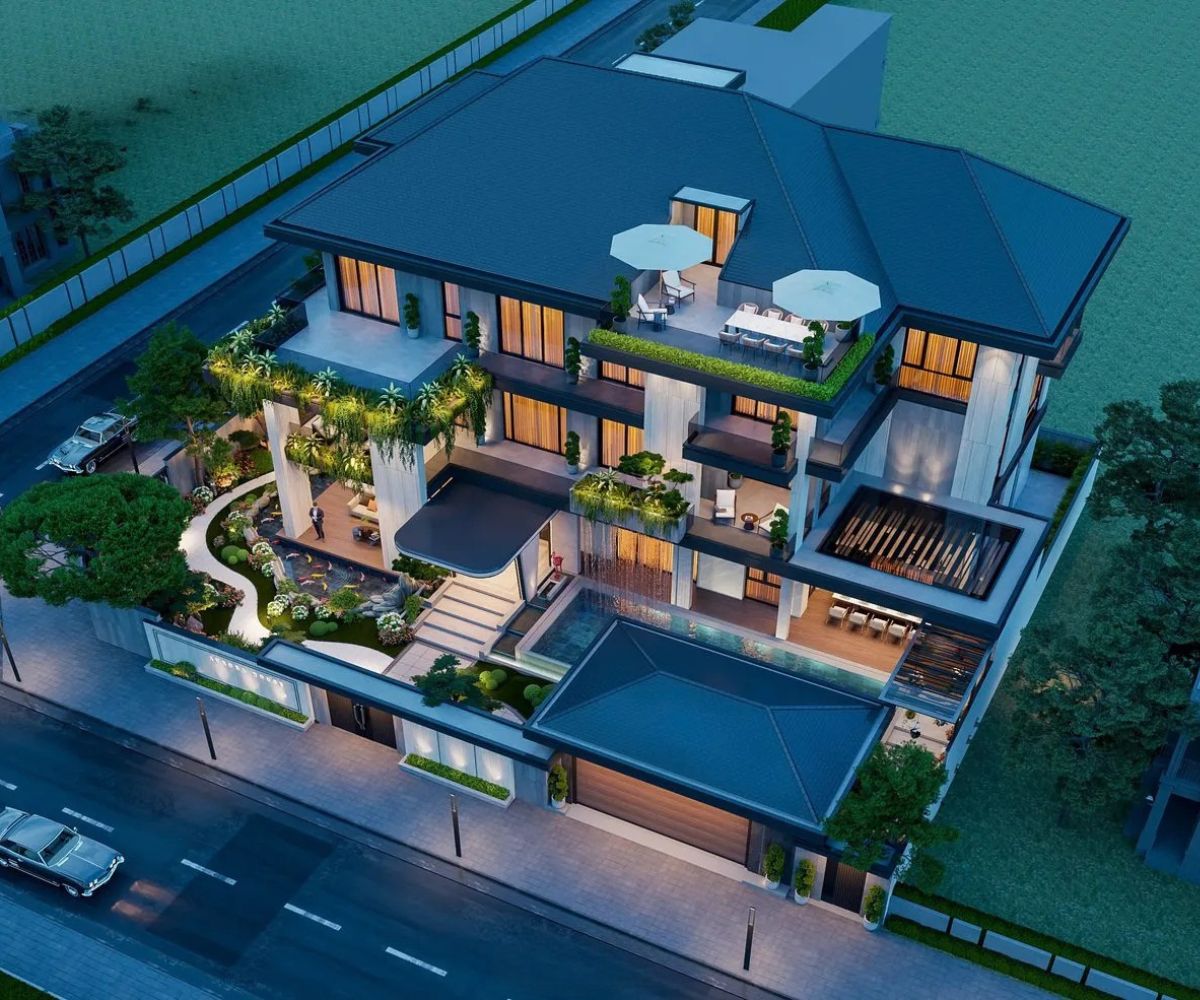 Tiểu cảnh tinh tế làm nổi bật vẻ đẹp của biệt thự hiện đại 3 tầng (Ảnh: Sưu tầm)
