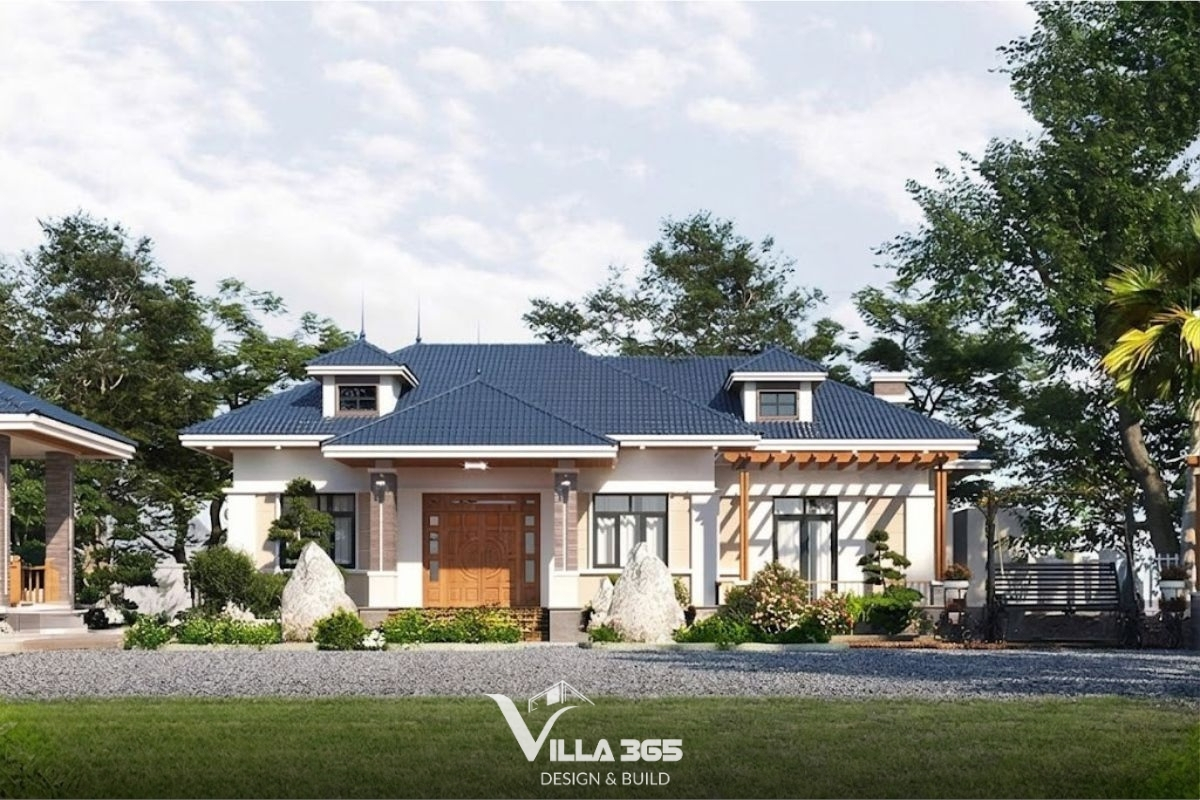 Mẫu biệt thự nhà vườn tân cổ điển 1 tầng nổi bật với mái dốc và thiết kế mở 