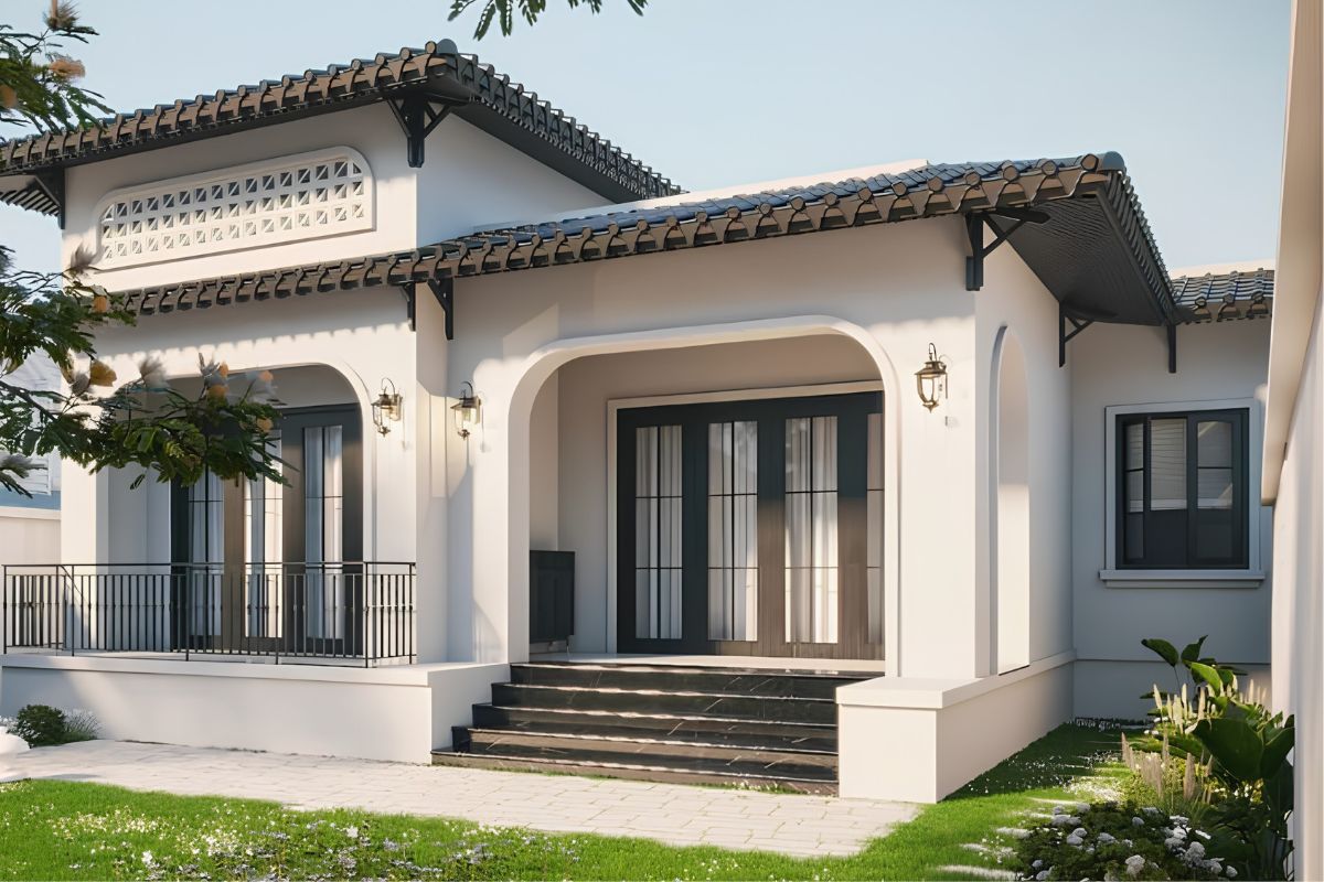 30+ Mẫu biệt thự Indochine đẹp nhất 2026 (kèm mặt bằng & chi phí thực tế) 5 Ngoại thất thiết kế biệt thự Indochine 1 tầng trải rộng, tạo cảm giác vững chãi (Ảnh: Sưu tầm)