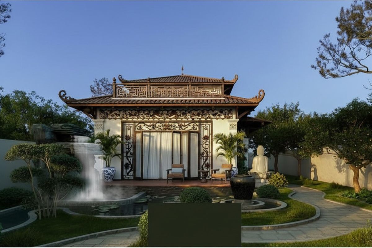 30+ Mẫu biệt thự Indochine đẹp nhất 2026 (kèm mặt bằng & chi phí thực tế) 6 Mặt tiền sử dụng cửa gỗ và cửa lá sách trong biệt thự Đông Dương (Ảnh: Sưu tầm)