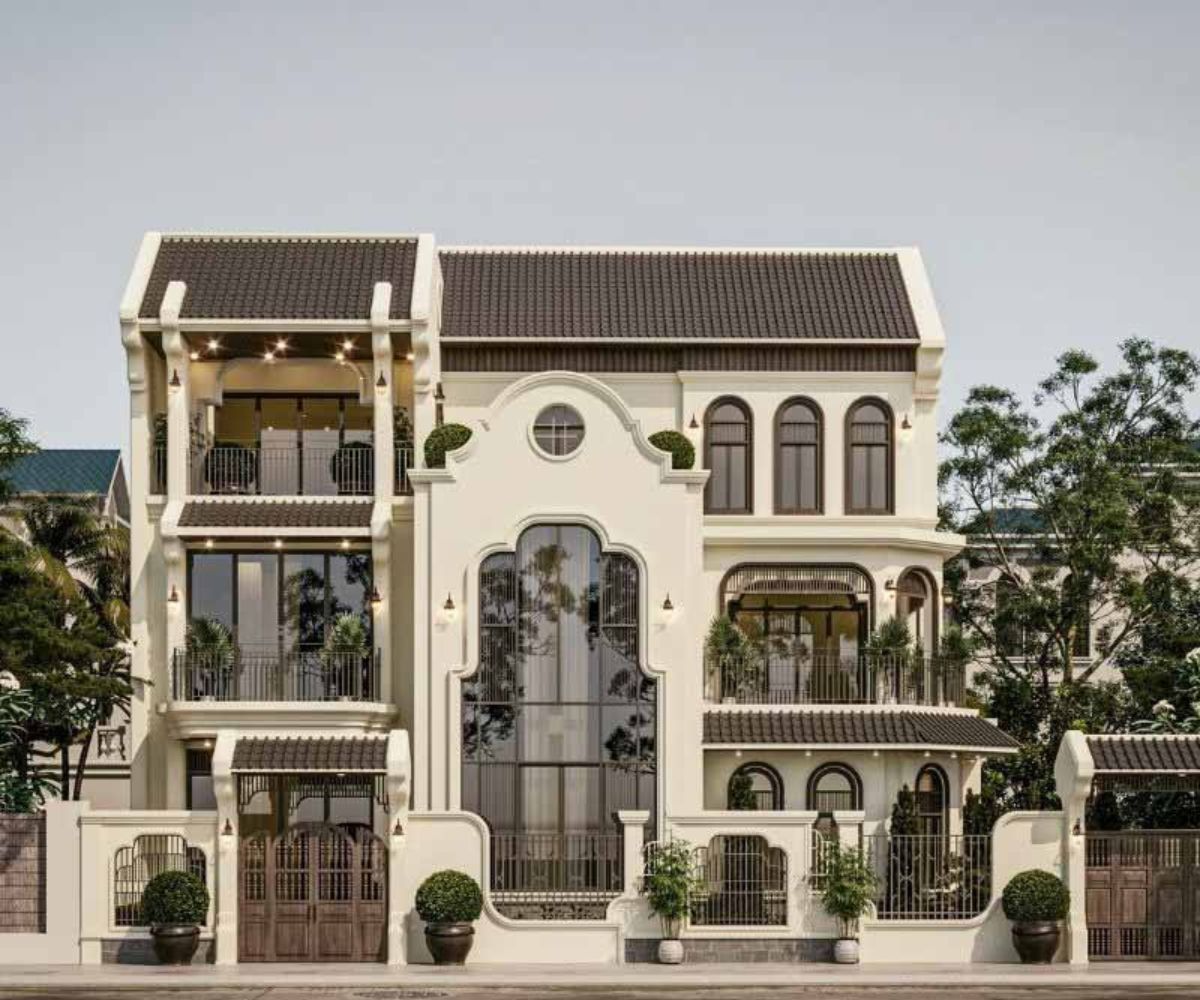 30+ Mẫu biệt thự Indochine đẹp nhất 2026 (kèm mặt bằng & chi phí thực tế) 17 Tổng thể biệt thự hài hòa giữa kiến trúc và thiên nhiên (Ảnh: Sưu tầm)