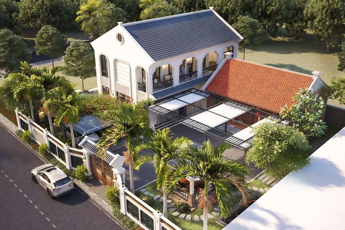 30+ Mẫu biệt thự Indochine đẹp nhất 2026 (kèm mặt bằng & chi phí thực tế) 21 Tiểu cảnh và lối đi tạo điểm nhấn cho nhà Indochine đẹp (Ảnh: Sưu tầm)