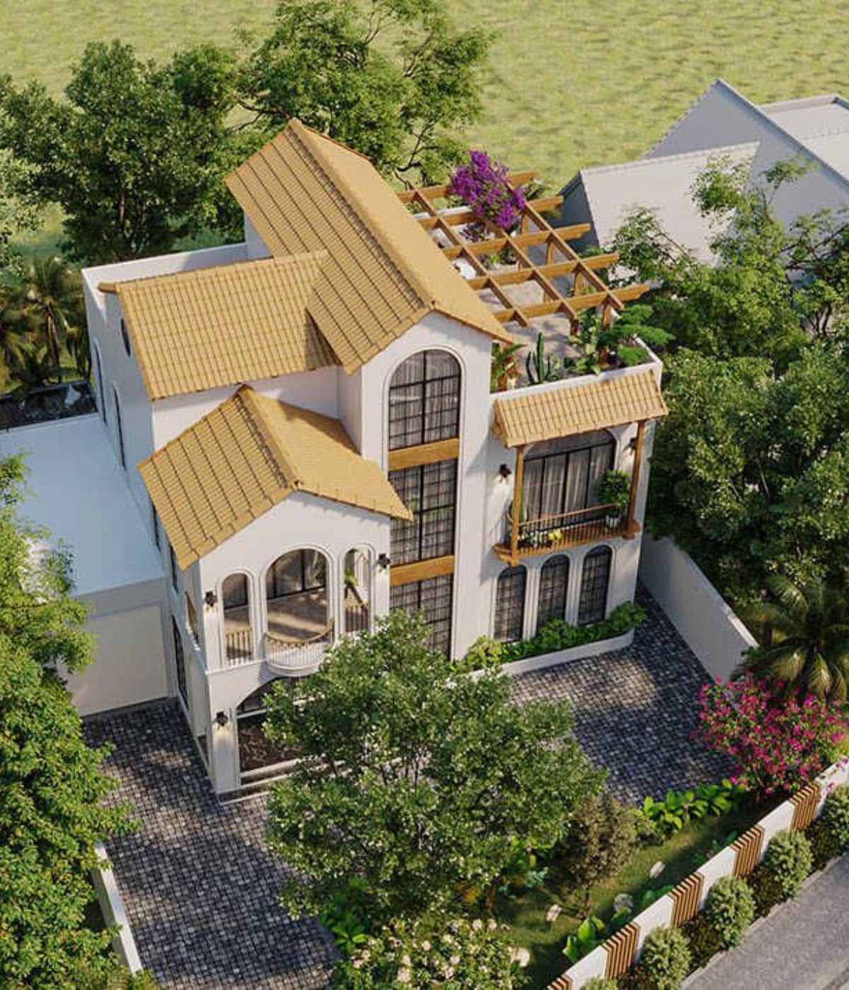 30+ Mẫu biệt thự Indochine đẹp nhất 2026 (kèm mặt bằng & chi phí thực tế) 22 Hệ hiên rộng giúp biệt thự Đông Dương tăng tính kết nối trong – ngoài (Ảnh: Sưu tầm)
