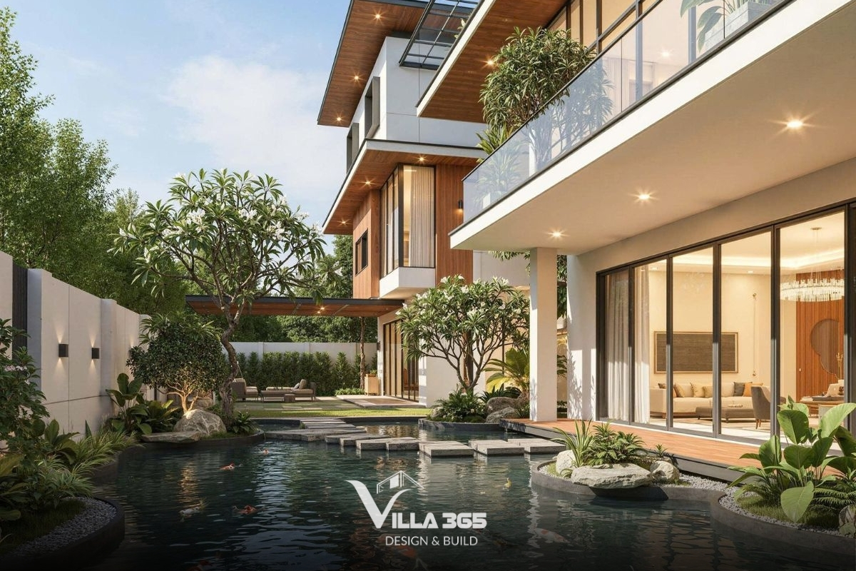 The Traces Villa - Không gian tái hiện miền ký ức bằng bê tông, gỗ và ánh sáng 4 Hàng hiên và tán cây đóng vai trò như lớp đệm vi khí hậu, giảm thiểu tác động trực tiếp của môi trường bên ngoài