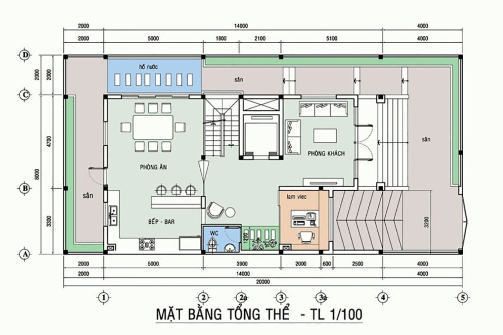 Bố cục mở có kiểm soát kết hợp sảnh đón thông tầng là tiêu chuẩn không thể thiếu của bản vẽ công năng biệt thự 3 tầng tân cổ điển.