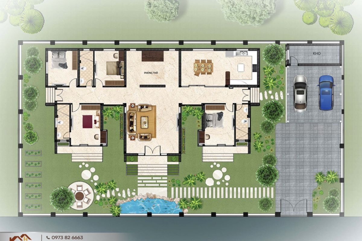 Phương án mặt bằng biệt thự 1 tầng 200m² kết hợp phòng khách, bếp – ăn và khu vực phòng ngủ riêng tư. ( Ảnh: Sưu tầm )