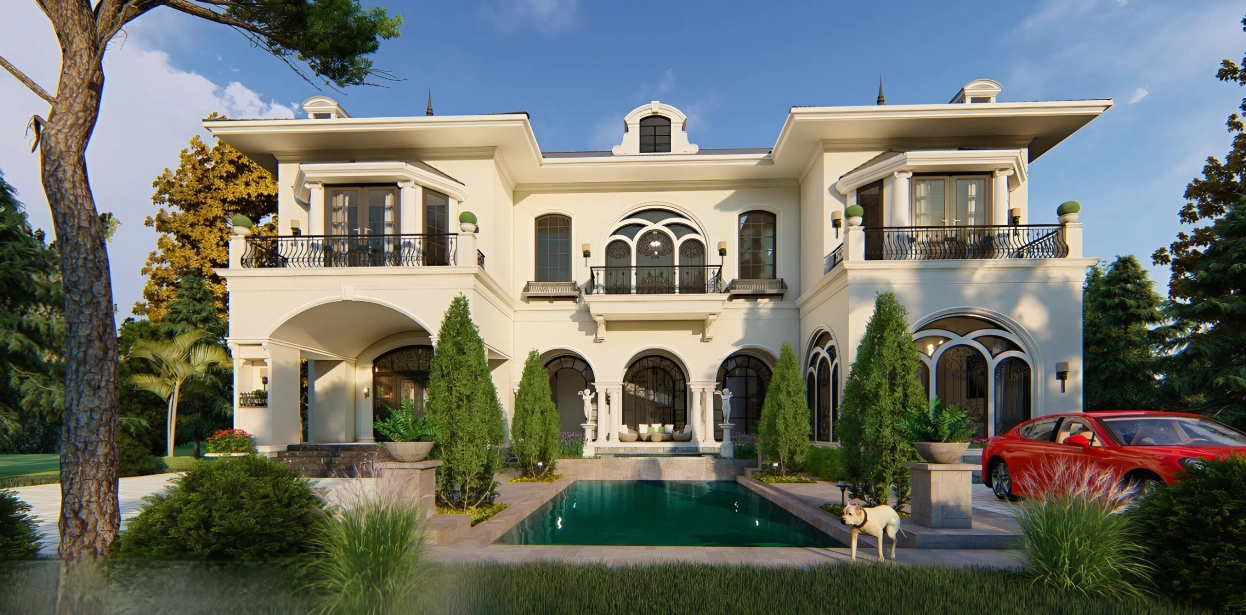 Mẫu biệt thự châu Âu nhà vườn sang trọng, kết hợp kiến trúc tinh tế cùng cảnh quan xanh thoáng đãng. ( Ảnh: Sưu tầm )