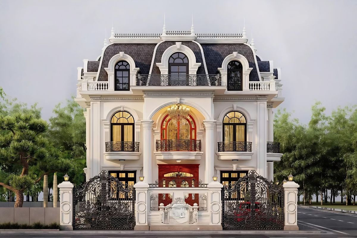 99+ Mẫu biệt thự 2 tầng mái Mansard đẹp đẳng cấp & báo giá chi tiết 2026 7 Mái Mansard tựa như chiếc “vương miện” (259m2 - Quận 2 - CĐT: Chị Mỹ) giúp mẫu nhà mái Mansard 2 tầng nổi bật giữa không gian đô thị hiện đại (Ảnh: Sưu tầm)