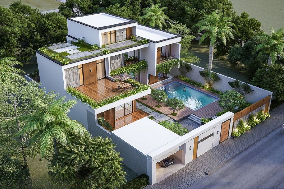 Biệt thự 200m2 có hồ bơi kết hợp sân vườn xanh tạo nên không gian sống nghỉ dưỡng ngay trong chính ngôi nhà (Ảnh: Sưu tầm)