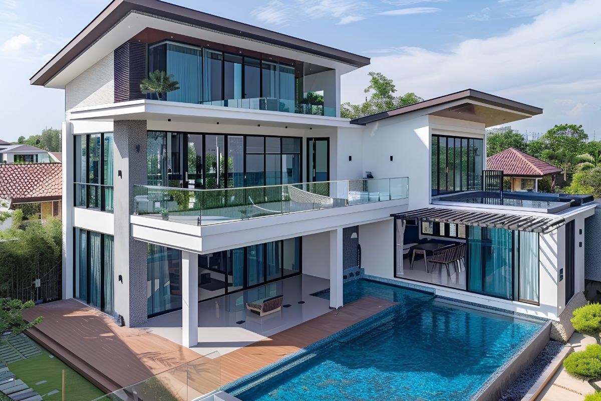 Mẫu biệt thự 3 tầng mái bằng đẹp hiện đại, kèm bản vẽ & báo giá (cập nhật 2026) 10 Thiết kế chữ L giúp nhà 3 tầng mái bằng đẹp cân bằng riêng tư và kết nối (Ảnh: Sưu tầm)