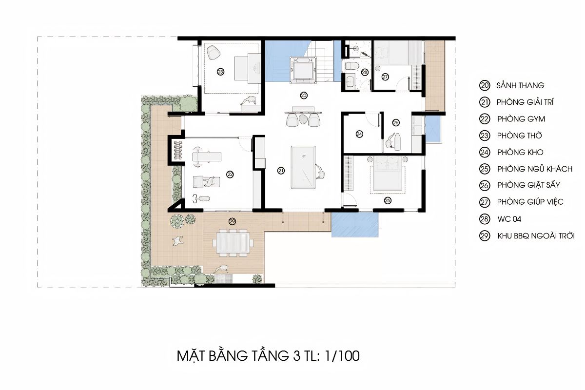 Mẫu biệt thự 3 tầng mái Thái đẹp, dẫn đầu xu hướng 2026 19 Tầng mái biệt thự mái Thái có thể tận dụng làm sân thượng thư giãn và điều hòa vi khí hậu (Ảnh: Sưu tầm)