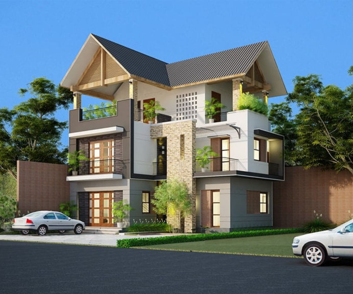 Mẫu biệt thự chữ L đẹp mãn nhãn & bí quyết hóa giải phong thủy (2026) 16 Mẫu biệt thự chữ L đẹp mái Thái luôn tạo cảm giác thanh thoát và bề thế cho công trình (Ảnh: Sưu tầm)