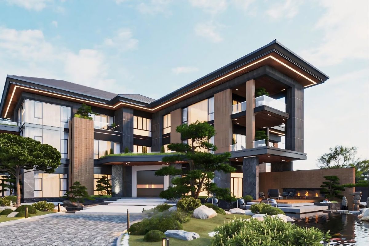 Mẫu biệt thự chữ L đẹp mãn nhãn & bí quyết hóa giải phong thủy (2026) 30 Thiết kế biệt thự chữ L sân vườn kết hợp cây xanh và tiểu cảnh tạo cảm giác nghỉ dưỡng tại nhà (Ảnh: Sưu tầm)