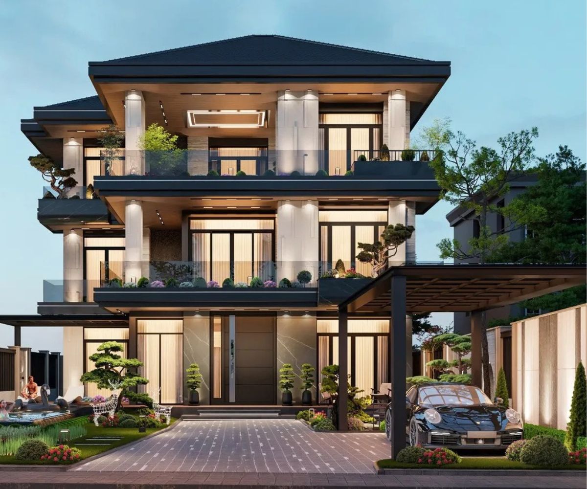 Mẫu biệt thự chữ L đẹp mãn nhãn & bí quyết hóa giải phong thủy (2026) 36 Biệt thự chữ L có gara giúp việc di chuyển thuận tiện và tối ưu công năng sử dụng hàng ngày (Ảnh: Sưu tầm)