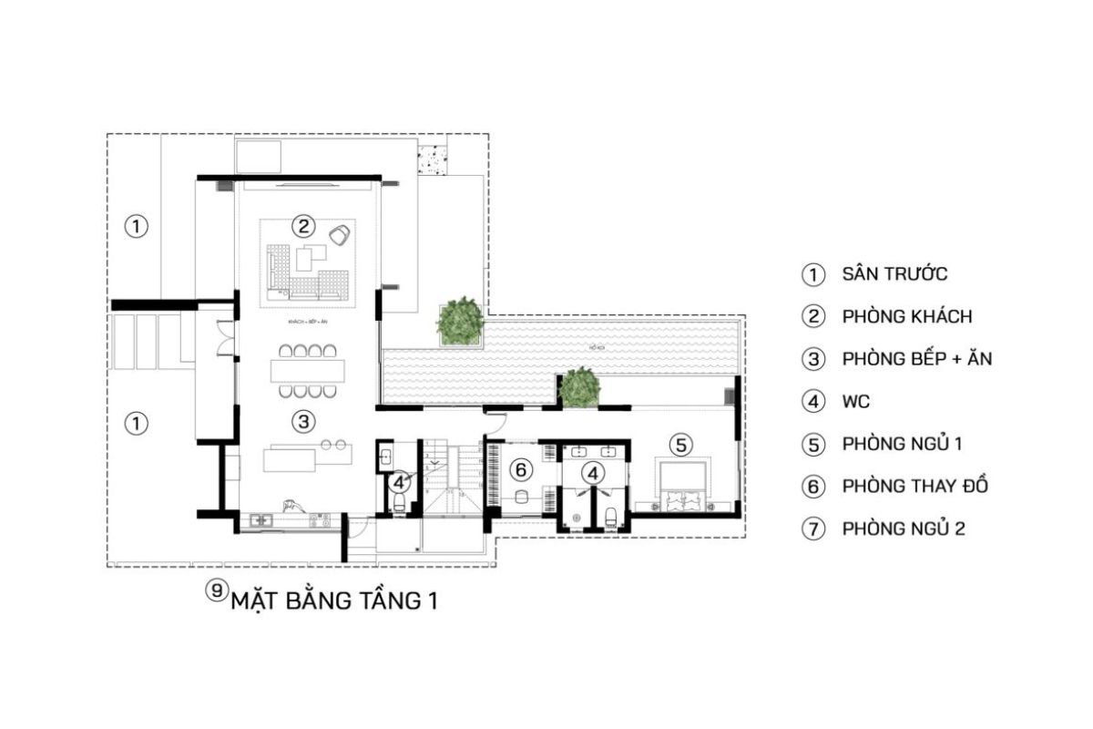 Mẫu biệt thự chữ L đẹp mãn nhãn & bí quyết hóa giải phong thủy (2026) 42 Bản vẽ biệt thự chữ L tầng 1 thường ưu tiên không gian sinh hoạt chung rộng rãi và kết nối thiên nhiên (Ảnh: Sưu tầm)