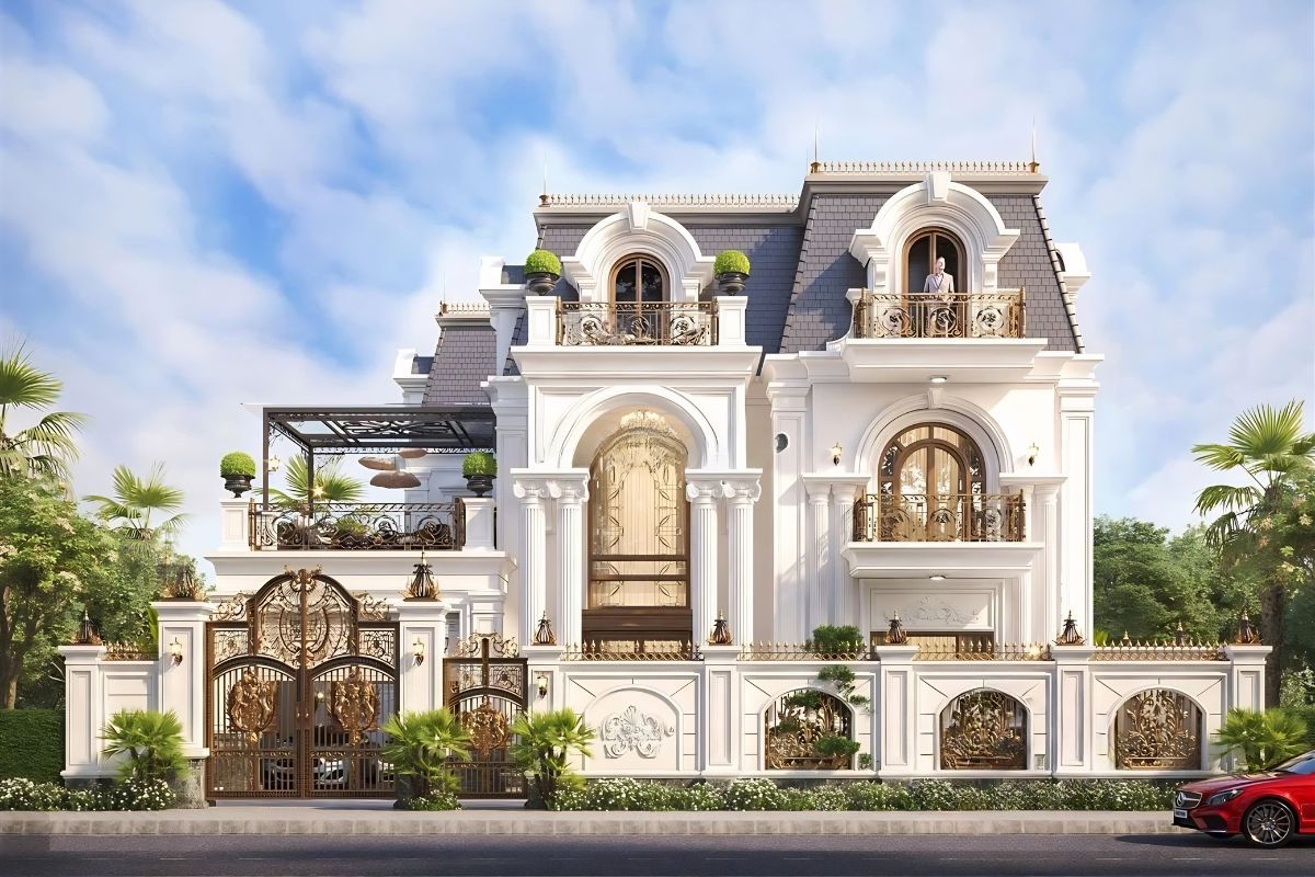 Hệ mái cao kết hợp cửa vòm và ban công sắt mỹ thuật giúp công trình thêm phần sang trọng và quý phái (Ảnh: Sưu tầm)
