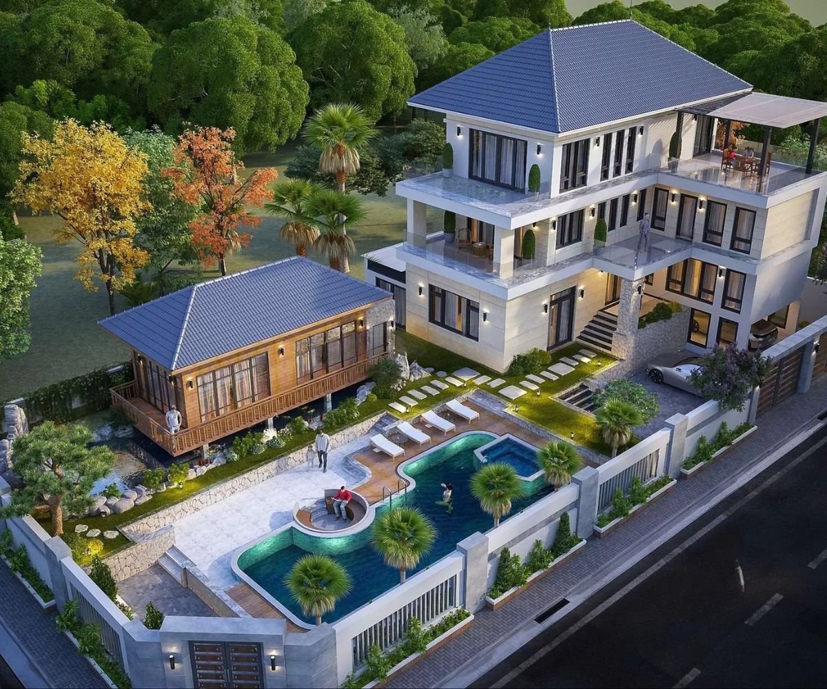 Mẫu biệt thự mái Nhật đẹp kèm báo giá 2026 27 Thiết kế biệt thự mái Nhật có hồ bơi – kết nối thiên nhiên và kiến trúc (Ảnh: Sưu tầm)