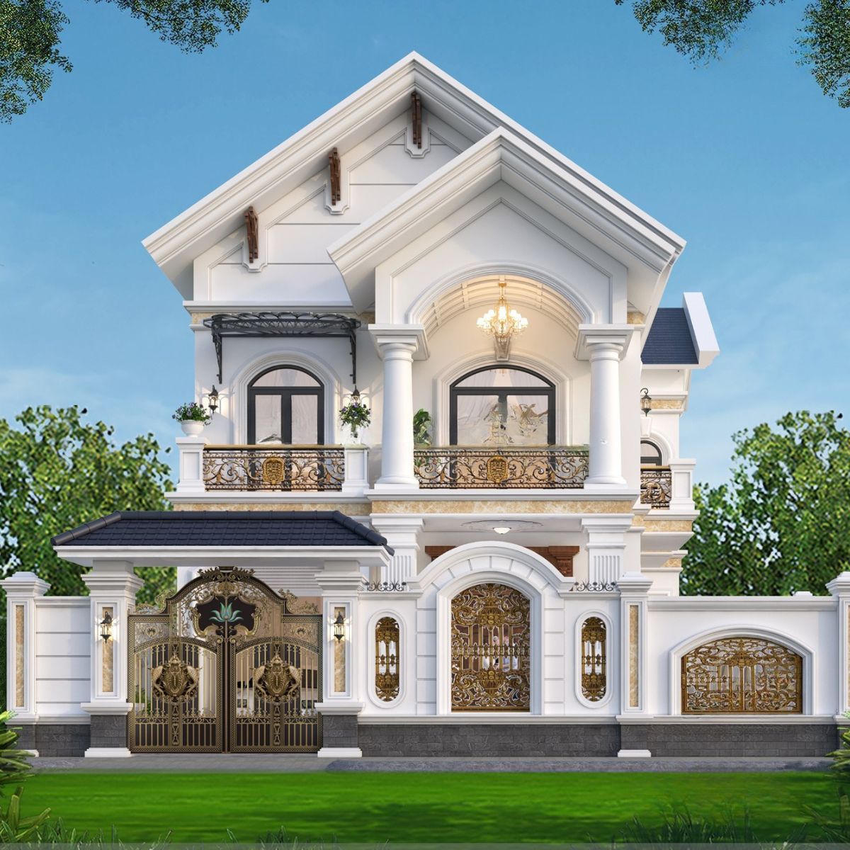 Sân vườn và hệ đèn ngoại thất giúp biệt thự nổi bật cả ngày lẫn đêm (Ảnh: Sưu tầm)