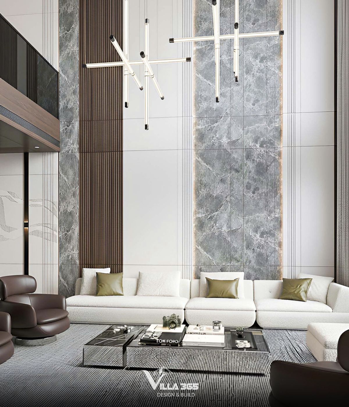 Thiết kế nội thất Horizon Villa – Không gian sống mở giao hòa cùng ánh sáng, nắng gió và thiên nhiên 2 Hai bên cánh vách tường sử dụng các đường chỉ sọc dọc thanh mảnh màu đen trên nền tường trắng, góp phần kéo dài chiều cao không gian