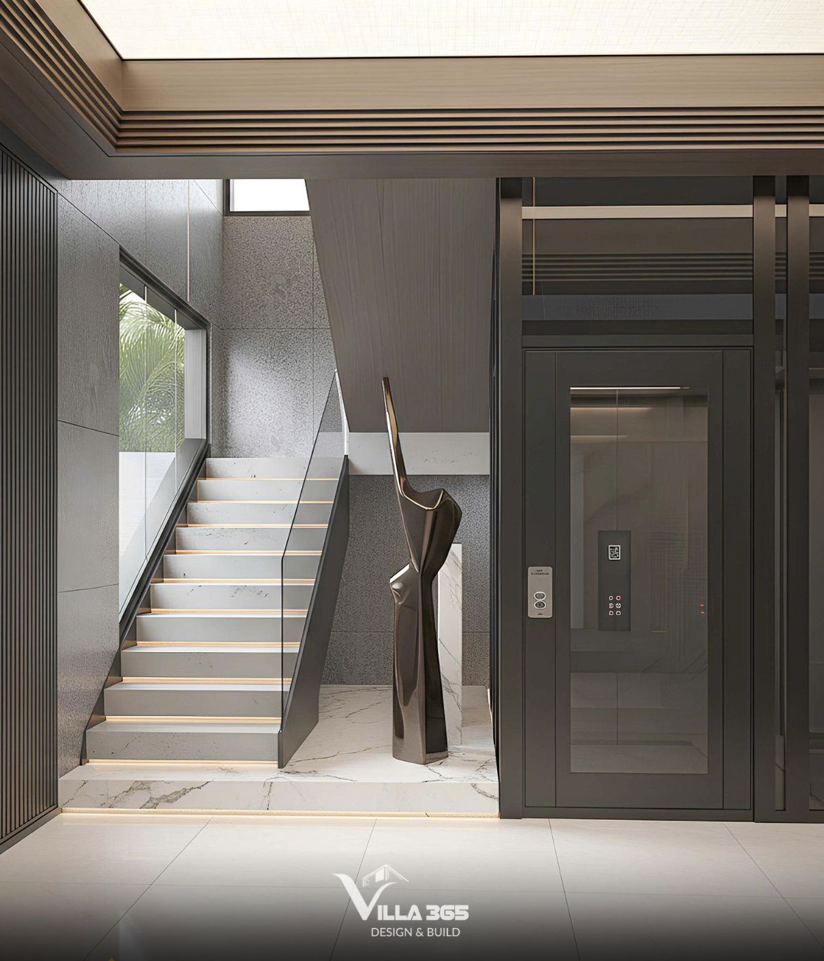 Thiết kế nội thất Horizon Villa – Không gian sống mở giao hòa cùng ánh sáng, nắng gió và thiên nhiên 4 Nhờ cấu trúc vách kính, thang máy cho phép ánh sáng tự nhiên từ ô cửa sổ hành lang xuyên qua, giữ cho khu vực sảnh luôn sáng sủa