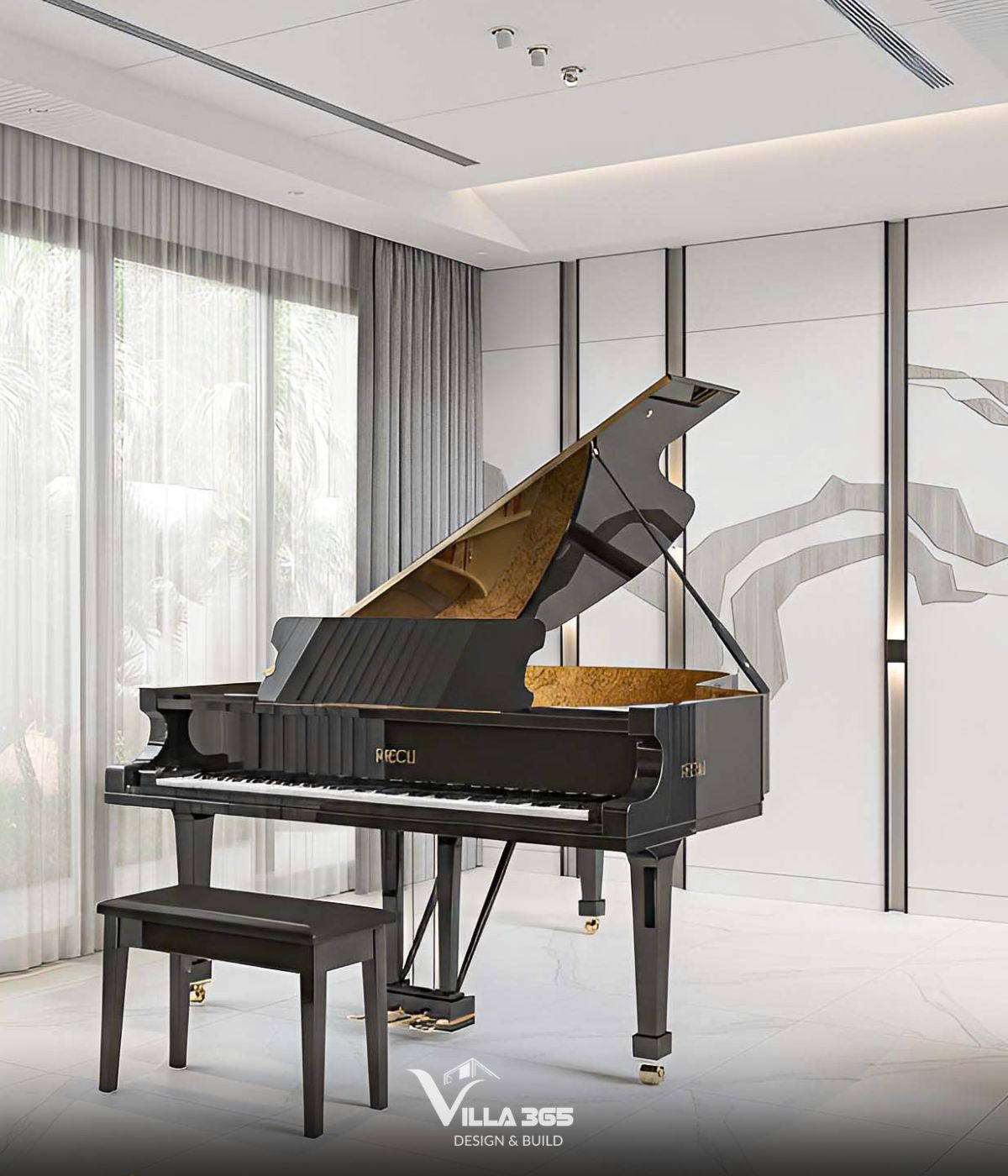Thiết kế nội thất Horizon Villa – Không gian sống mở giao hòa cùng ánh sáng, nắng gió và thiên nhiên 5 Sau những giờ làm việc mệt mỏi, góc piano là nơi gia chủ thả mình vào tiếng đàn để cân bằng lại cảm xúc và tái tạo năng lượng tích cực