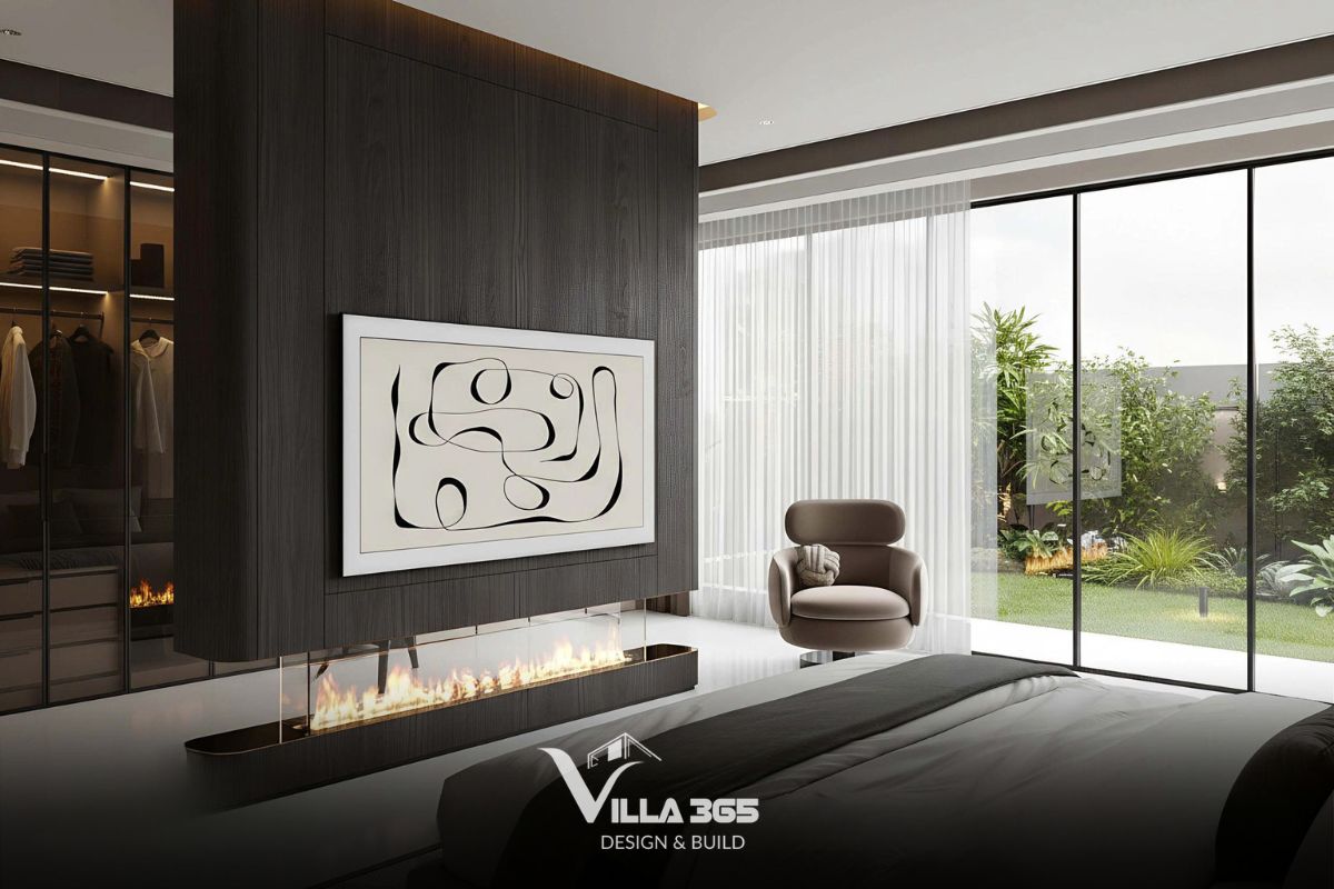Thiết kế nội thất Horizon Villa – Không gian sống mở giao hòa cùng ánh sáng, nắng gió và thiên nhiên 10 Vách gỗ trung tâm đóng vai trò như một bức bình phong phân tách khu vực ngủ và phòng thay đồ