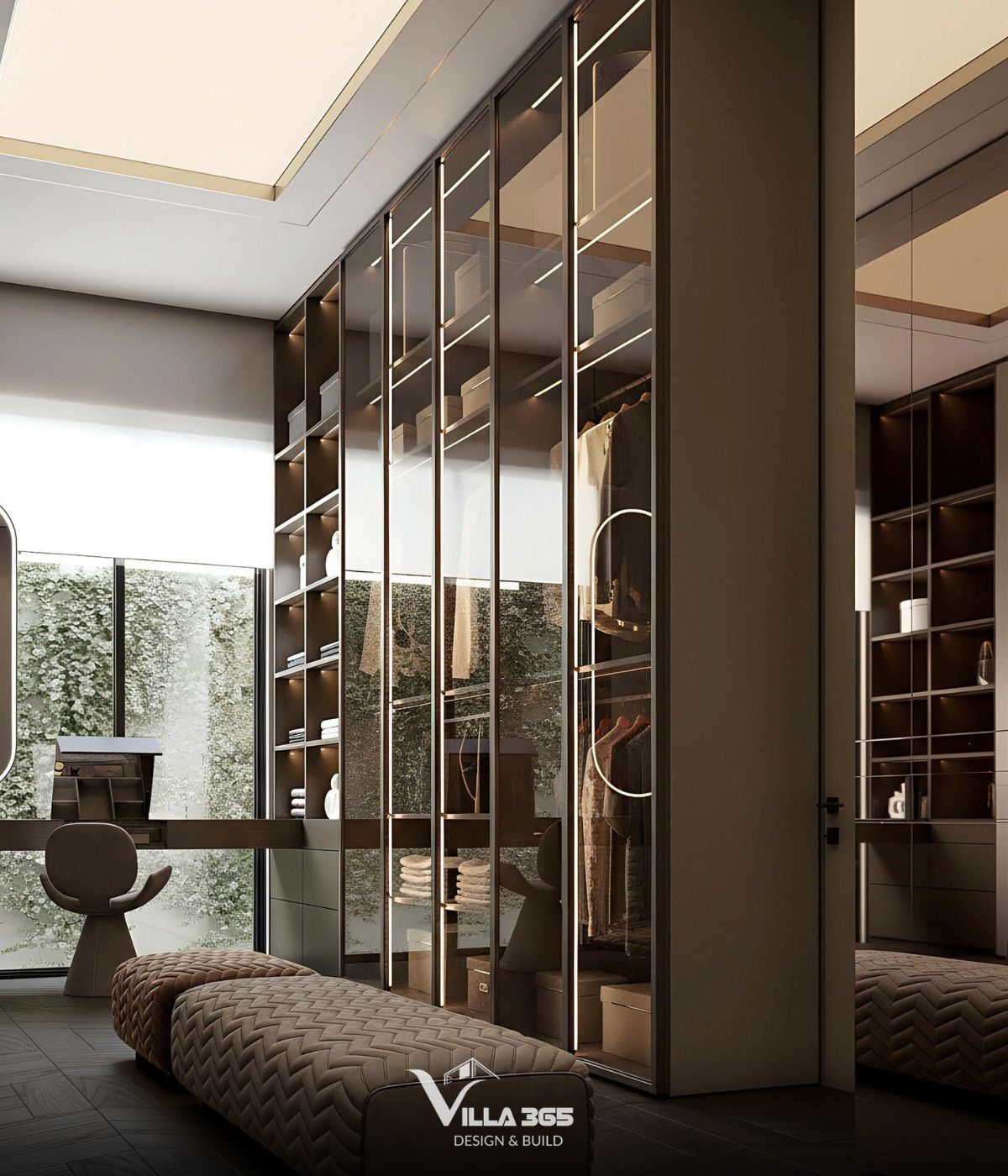 Thiết kế nội thất Horizon Villa – Không gian sống mở giao hòa cùng ánh sáng, nắng gió và thiên nhiên 11 Hệ tủ lớn kịch trần sử dụng hệ khung nhôm mỏng nhẹ kết hợp cửa kính cường lực trong suốt, biến các món đồ thời trang thành tác phẩm trưng bày thời thượng