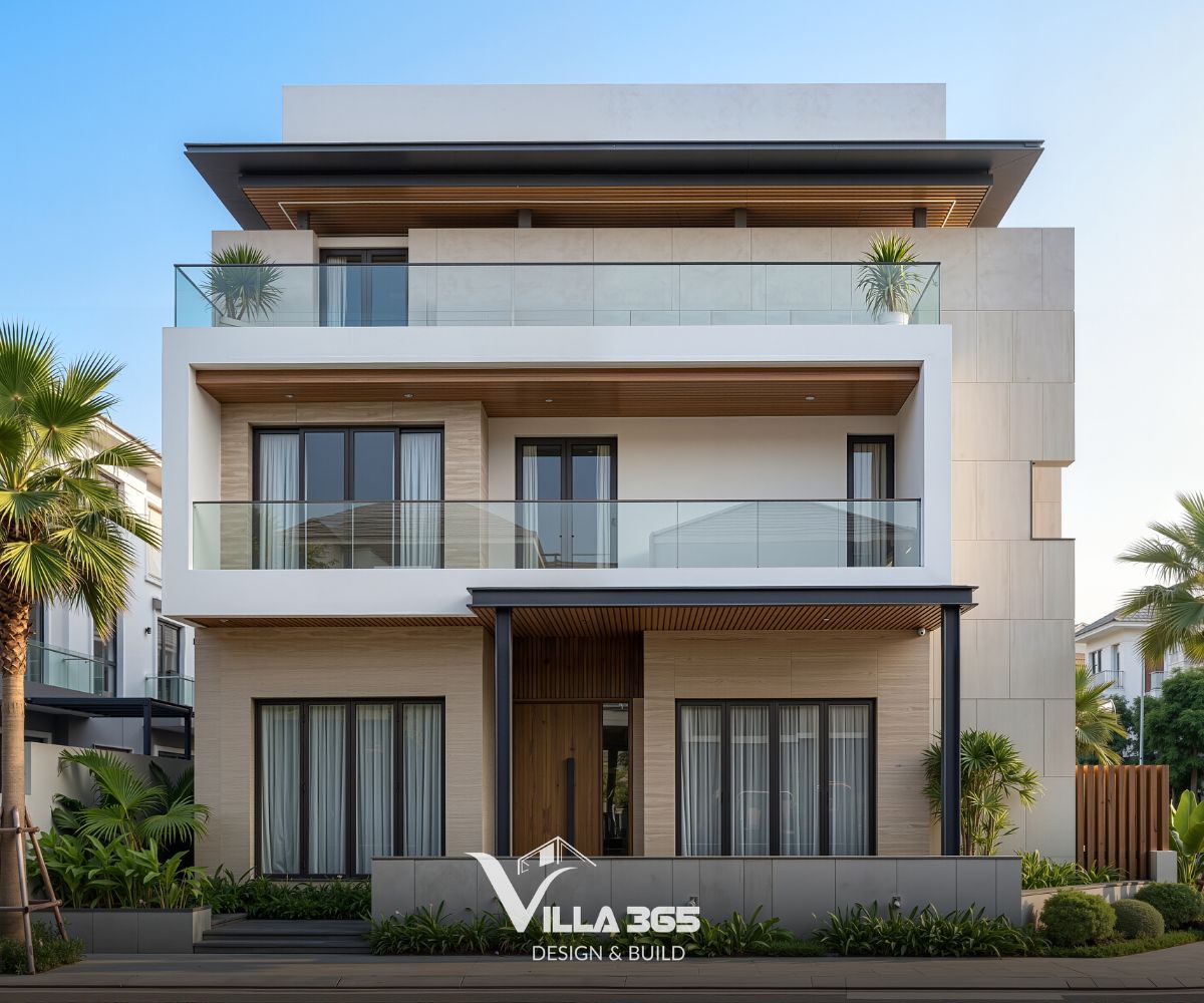 Mặt tiền được tổ chức với sự tương phản rõ ràng giữa mảng đặc và khoảng rỗng 