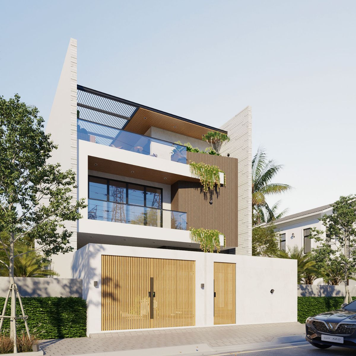 Mẫu biệt thự 250m2 đẹp đẳng cấp, tối ưu công năng & báo giá 2026 16 Hình khối mạnh mẽ với biệt thự 250m2 mái bằng phong cách hiện đại (Ảnh: Sưu tầm)