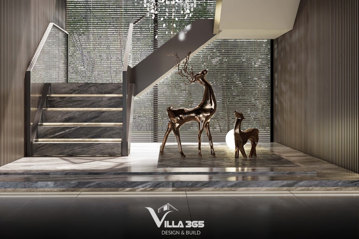 D’s Villa - Thiết kế nội thất với cảm hứng từ nếp nhà xưa 5 Phía sau cầu thang là mảng kính lớn kết hợp rèm sáo ngang, giúp lọc ánh sáng tự nhiên một cách tinh tế và giữ được sự riêng tư