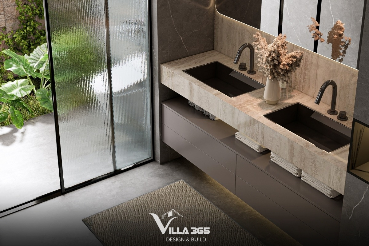 D’s Villa - Thiết kế nội thất với cảm hứng từ nếp nhà xưa 14 Thiết kế chậu âm hình chữ nhật màu đen sành điệu, đặt trên mặt bàn đá marble vân gỗ sáng màu
