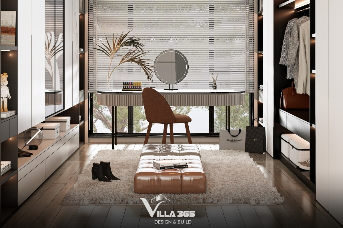 D’s Villa - Thiết kế nội thất với cảm hứng từ nếp nhà xưa 13 Khu thay đồ và bàn trang điểm được bố trí khoa học, tận dụng ánh sáng tự nhiên để nâng cao trải nghiệm sử dụng