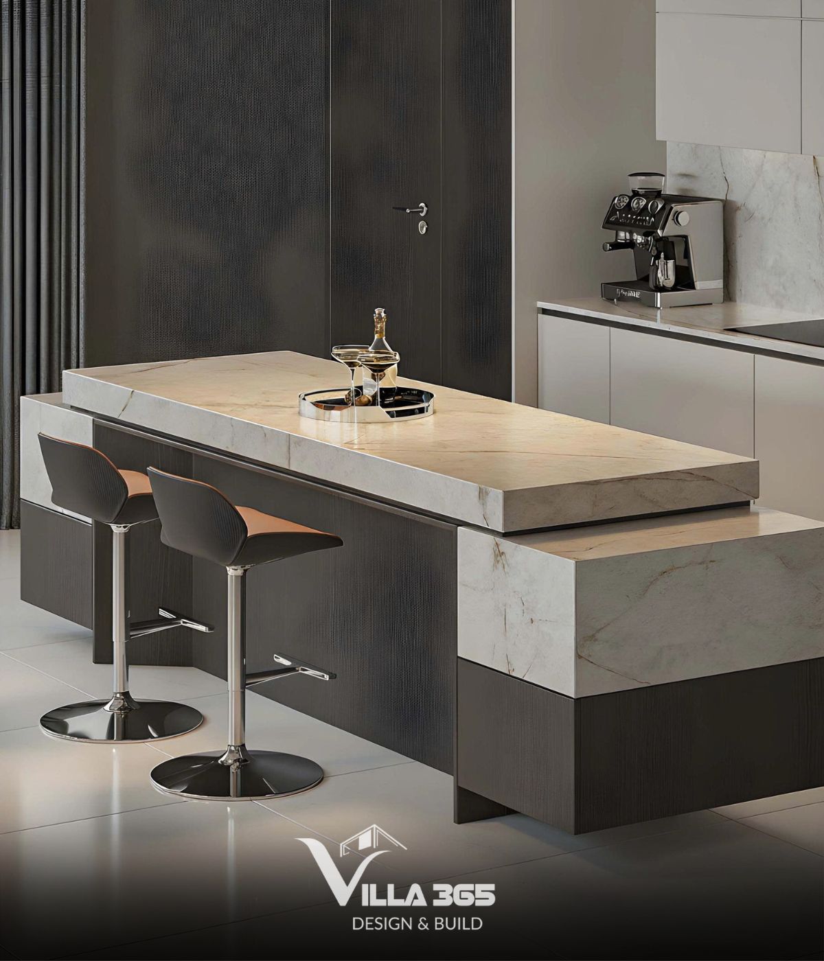 Thiết kế nội thất An’s Villa – Nếp nhà an yên cho tuổi già nhẹ nhõm 5 Đảo bếp có thiết kế phân tầng độc đáo, sử dụng đá cẩm thạch trắng với các đường vân xám tự nhiên tinh tế