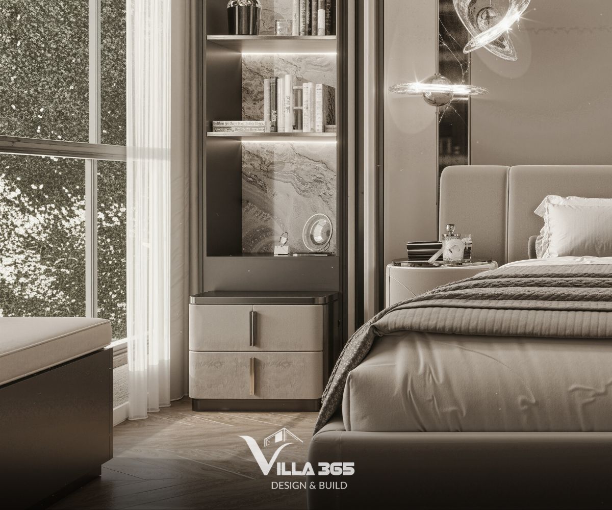 Thiết kế nội thất An’s Villa – Nếp nhà an yên cho tuổi già nhẹ nhõm 10 Tủ đầu giường và kệ sách âm tường sử dụng bề mặt nhám màu kem, kết hợp với phần lưng kệ bằng đá có vân tự nhiên