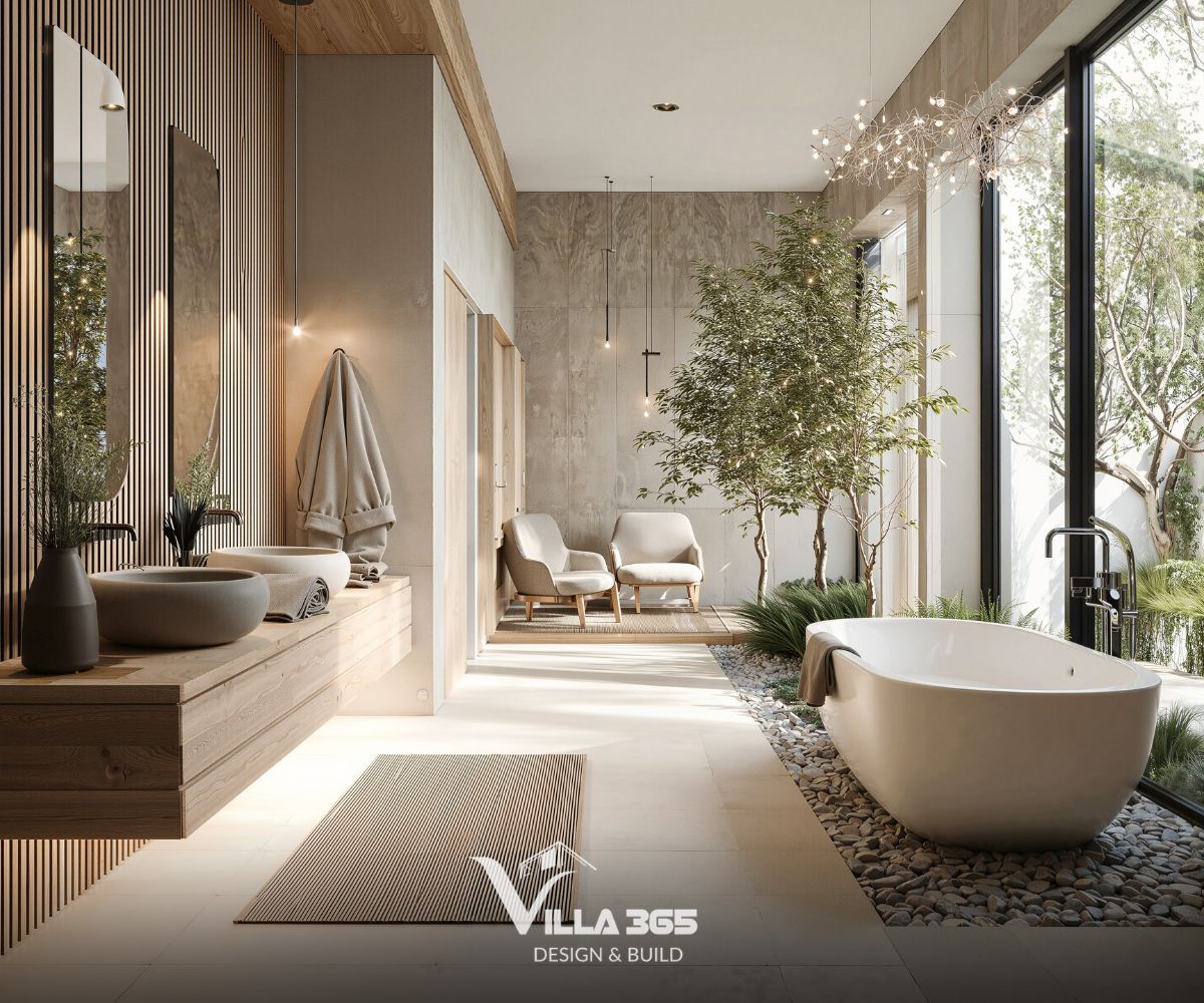 Thiết kế nội thất An’s Villa – Nếp nhà an yên cho tuổi già nhẹ nhõm 11 Việc sử dụng sỏi cuội quanh bồn tắm, sàn gỗ và các mảng tường ốp gỗ nan dọc mang lại sự thô mộc, gần gũi và thư giãn tuyệt đối