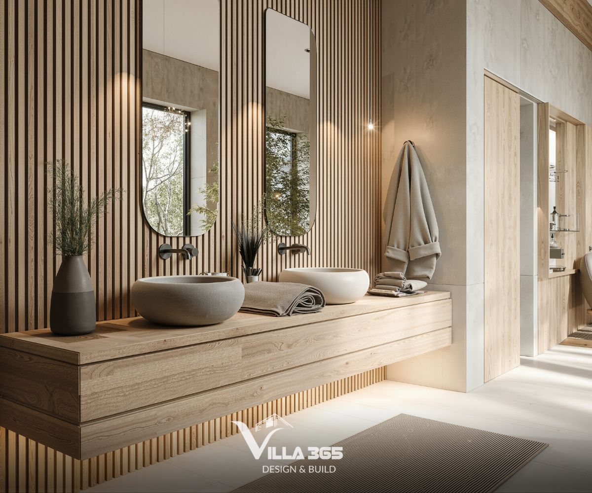 Thiết kế nội thất An’s Villa – Nếp nhà an yên cho tuổi già nhẹ nhõm 12 Nét thô mộc được thể hiện thông qua hai chậu rửa dạng tròn bằng đá mài đặt nổi trên bàn gỗ dài, kết hợp cùng hệ gương đứng thanh mảnh