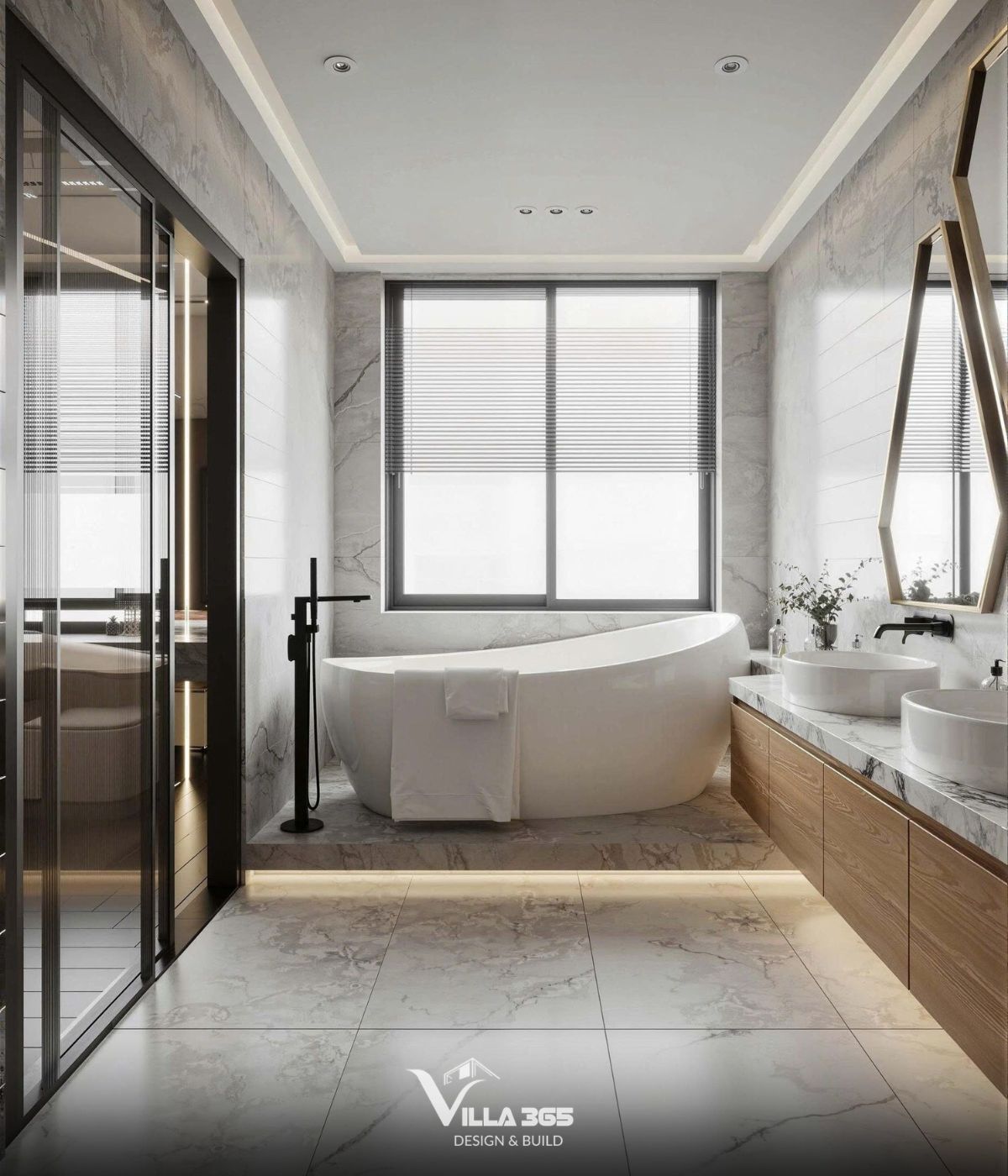 Khu vực bồn tắm được nâng sàn nhẹ, tích hợp dải đèn LED hắt sáng hiện đại