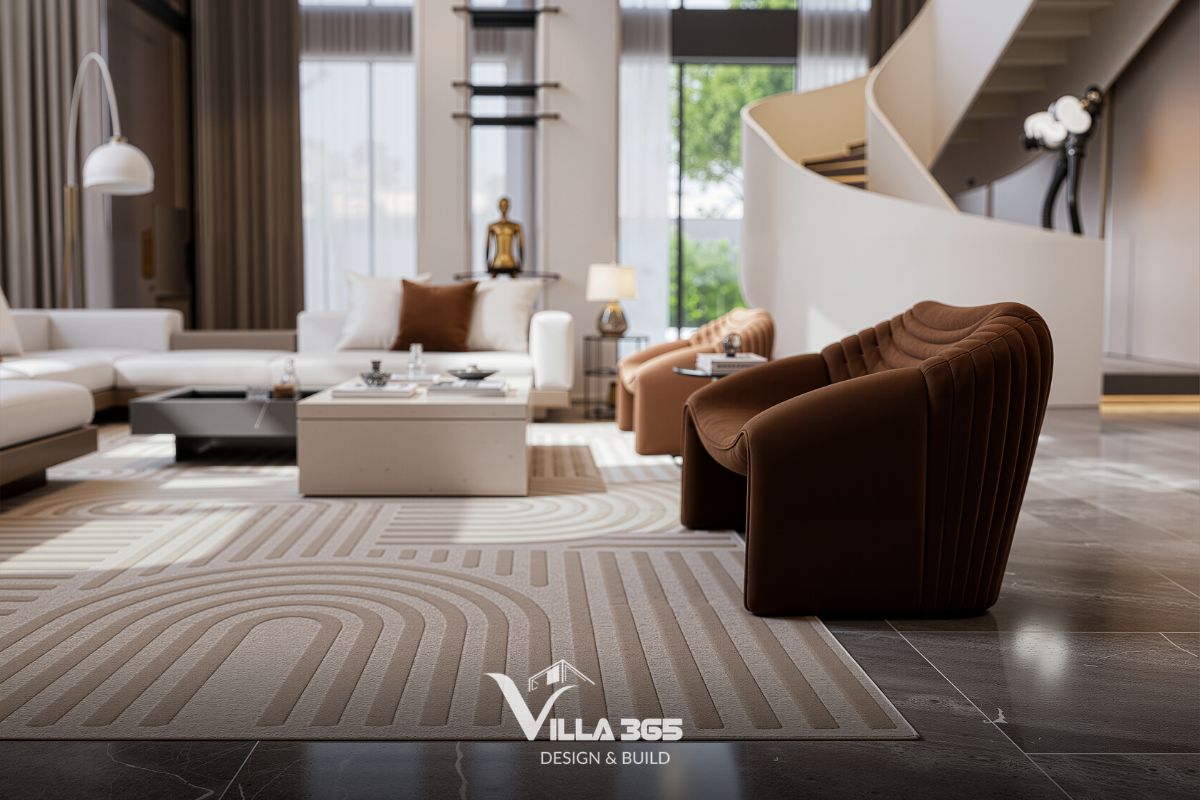 Thiết kế nội thất Breeze Villa – Tối ưu trải nghiệm sống cho gia chủ làm việc tại nhà 3 Điểm nhấn ở phòng khách là ghế armchair dáng tròn bọc vải nhung cao cấp với đường gân sọc chạy dọc lưng tựa