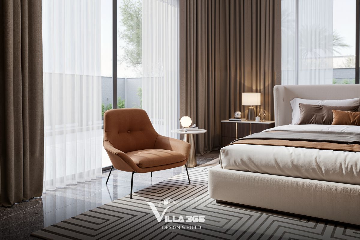 Thiết kế nội thất Breeze Villa – Tối ưu trải nghiệm sống cho gia chủ làm việc tại nhà 11 Chiếc ghế đơn bọc da lộn màu cam đất ấm áp với thiết kế ôm sát cơ thể, đặt hướng nhẹ ra cửa sổ tạo góc đọc sách, thưởng trà tĩnh lặng
