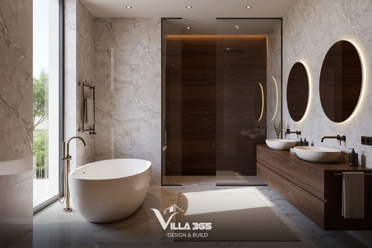 Thiết kế nội thất Breeze Villa – Tối ưu trải nghiệm sống cho gia chủ làm việc tại nhà 13 Phòng tắm master thể hiện sự mạch lạc trong phân khu chức năng, kết hợp hệ kính lớn tối ưu nguồn sáng tự nhiên