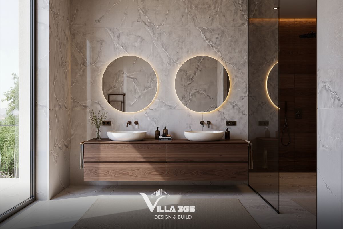 Thiết kế nội thất Breeze Villa – Tối ưu trải nghiệm sống cho gia chủ làm việc tại nhà 14 Phòng tắm bố trí đầy đủ tiện nghi với lavabo gốm sứ trắng, tủ gỗ lưu trữ, gương tròn viền Led…