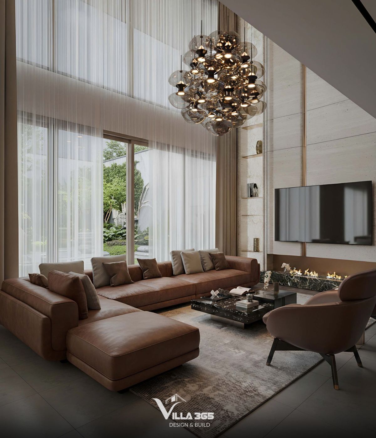 Phòng khách bố trí sofa góc chữ L kích thước lớn bọc da màu nâu đất, kết hợp nhiều gối tựa lưng tông màu xám và nâu 
