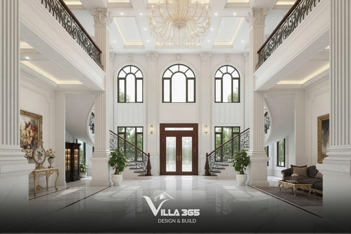 Thiết kế nội thất Maison Blanche trị liệu cho gia chủ sống khỏe 2 Không gian hai tầng với trục cầu thang đôi đóng vai trò trung tâm thị giác và điều phối lưu thông không khí hiệu quả