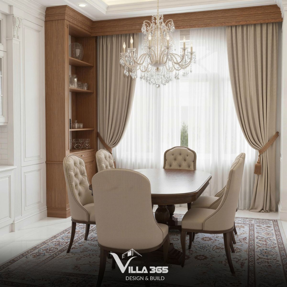 Thiết kế nội thất Maison Blanche trị liệu cho gia chủ sống khỏe 5 Bàn ăn bằng gỗ sẫm màu với các cạnh bo tròn mềm mại kết hợp ghế bọc nệm màu be sáng, thiết kế tựa lưng cao được nhấn nhá bằng kỹ thuật rút nút cổ điển, mang lại sự êm ái và vẻ đẹp quý tộc