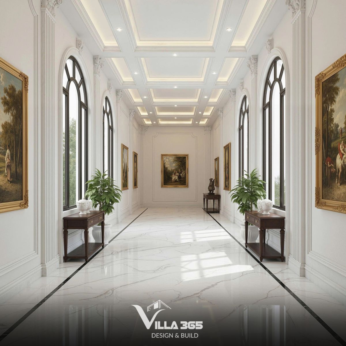 Thiết kế nội thất Maison Blanche trị liệu cho gia chủ sống khỏe 6 Các chi tiết từ cửa sổ vòm, cột trụ, tranh treo tường đến bàn console đều được sắp đặt đối xứng qua trục giữa, tạo cảm giác uy nghi và trật tự cho hành lang