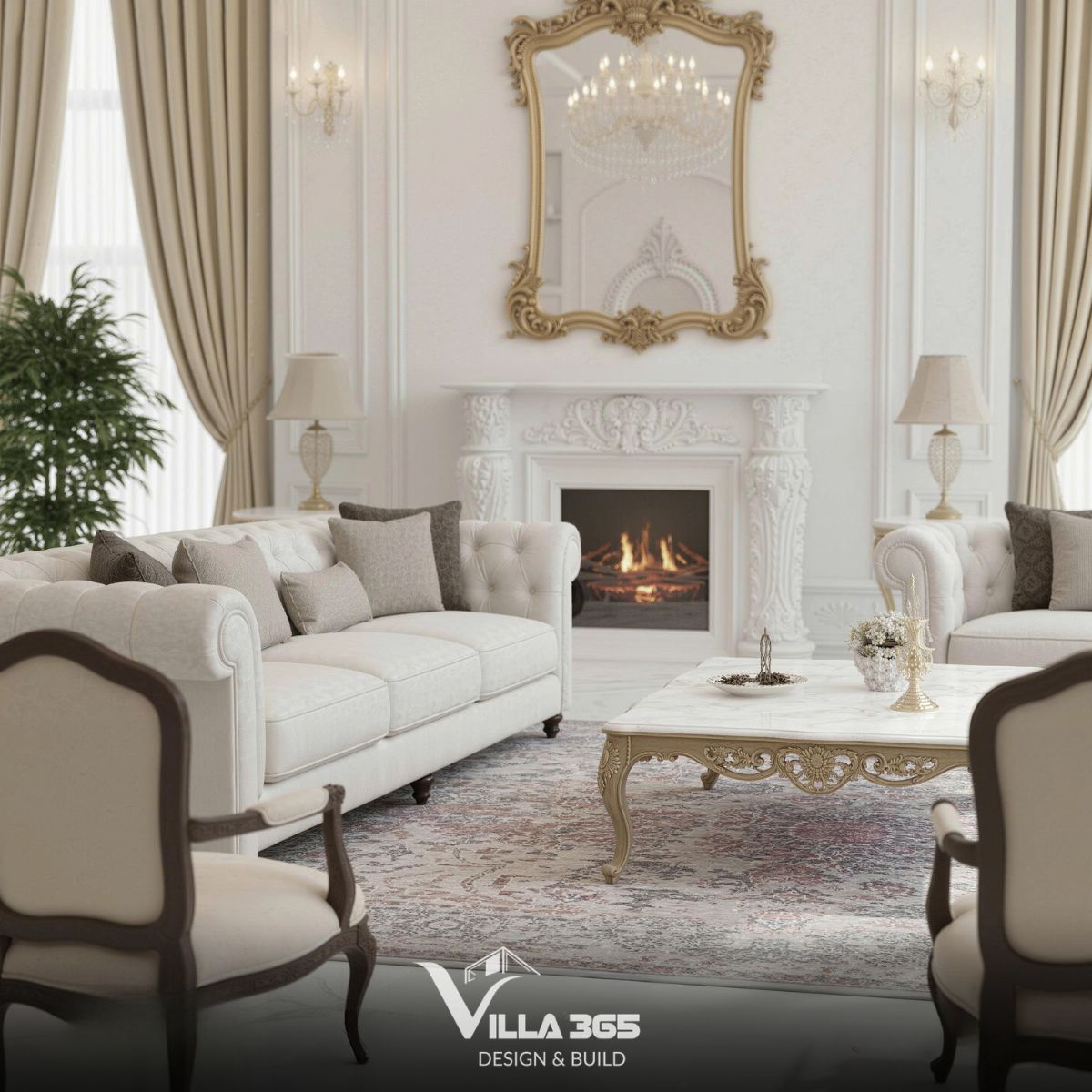 Thiết kế nội thất Maison Blanche trị liệu cho gia chủ sống khỏe 10 Khung gương mạ vàng uốn lượn, các món đồ decor kim loại trên bàn và chân đèn bằng đồng thuộc hành Kim