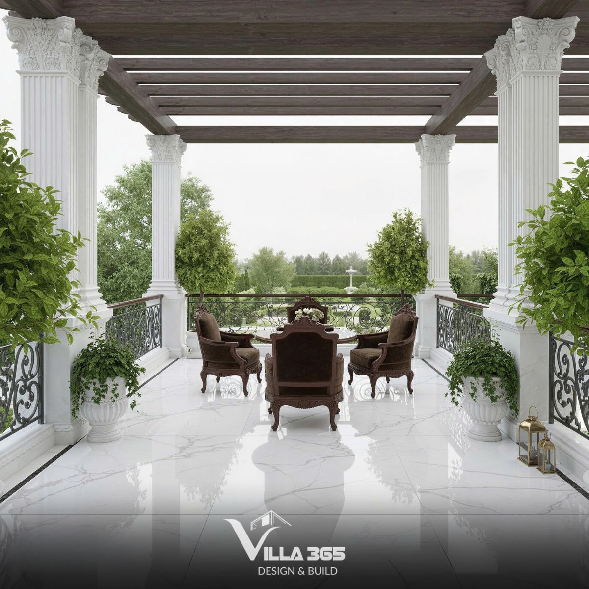 Thiết kế nội thất Maison Blanche trị liệu cho gia chủ sống khỏe 14 Bộ bàn ghế gỗ bọc nệm màu nâu trầm được sắp xếp quay quần ở trung tâm, tạo nên góc thư giãn ngoài trời vừa riêng tư vừa thoáng đãng