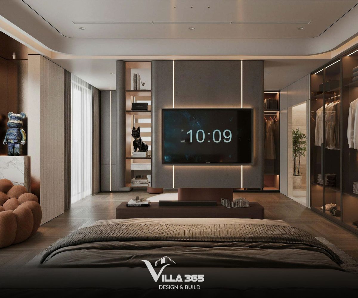 Thiết kế nội thất Nix Villa: Không gian sống lấy cảm hứng từ Reiki 9 Vách TV được tích hợp kệ trang trí bo cong và hệ thống đèn LED âm tinh tế