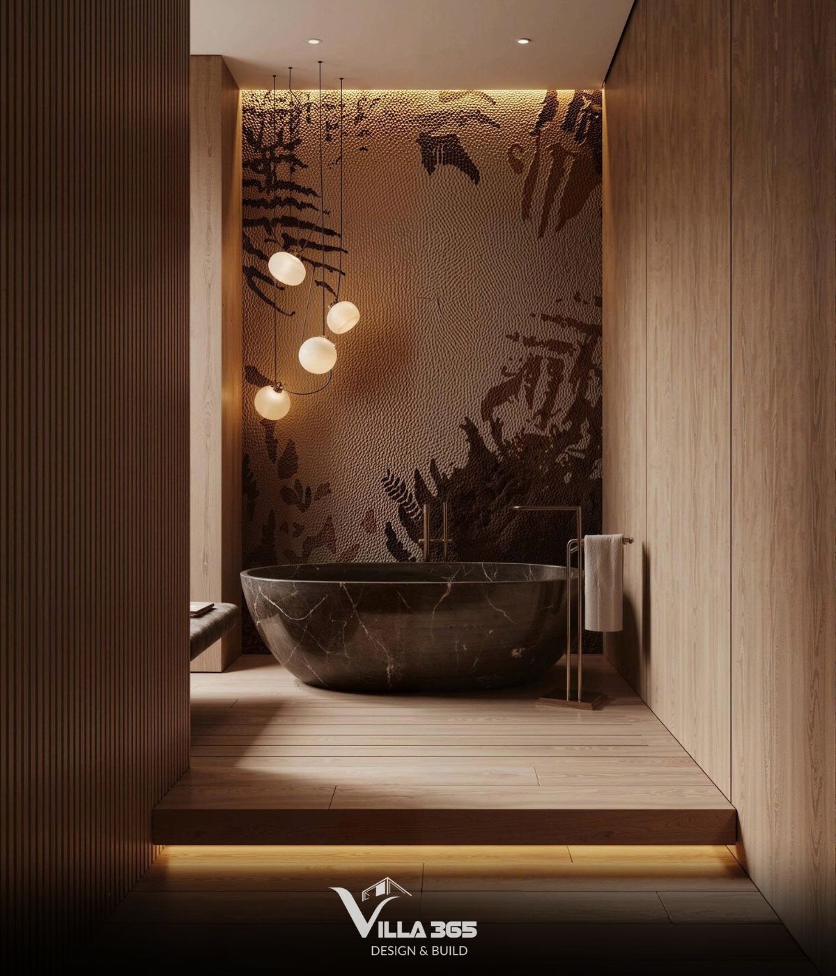 Thiết kế nội thất Nix Villa: Không gian sống lấy cảm hứng từ Reiki 12 Phòng tắm mang phong cách Zen đương đại với bồn tắm đứng độc lập dáng bo tròn, chế tác từ đá marble đen nguyên khối và những đường vân tự nhiên tinh tế