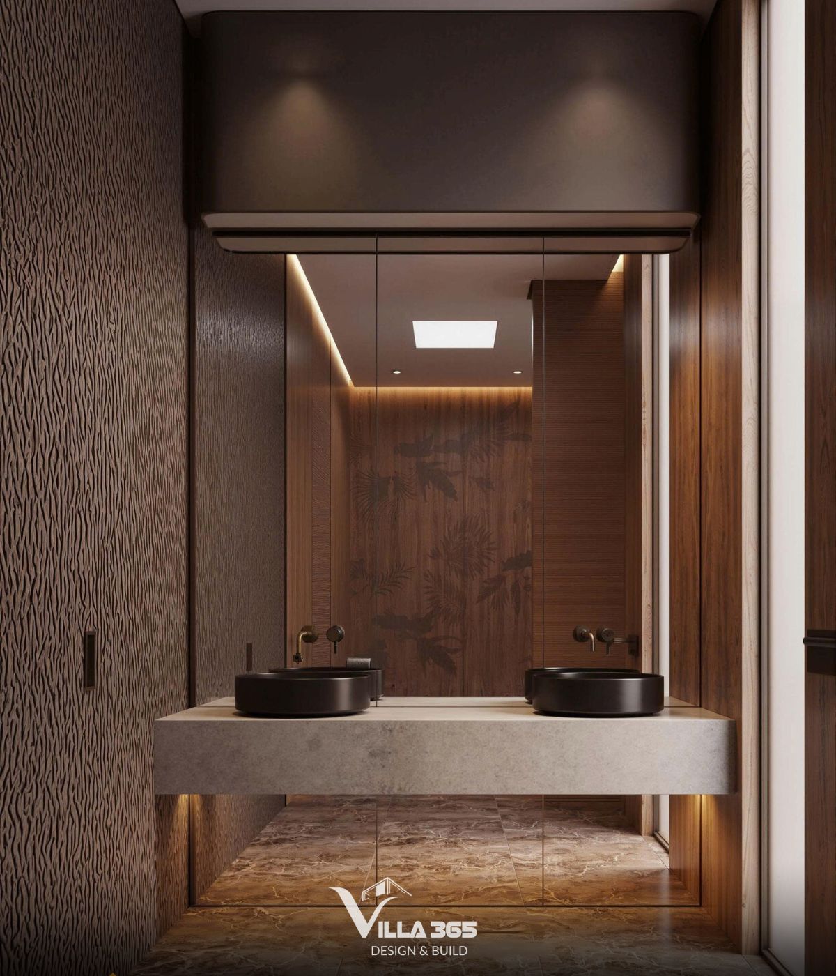 Thiết kế nội thất Nix Villa: Không gian sống lấy cảm hứng từ Reiki 13 Chậu rửa màu đen nhám nổi bật trên bàn đá trắng, tạo nên sự sang trọng và huyền bí